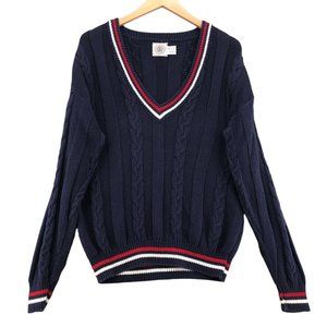 Vintage Cape Isle Knitters Varsity Sweater Mens L Blue V-Neck Cable Knit Preppy